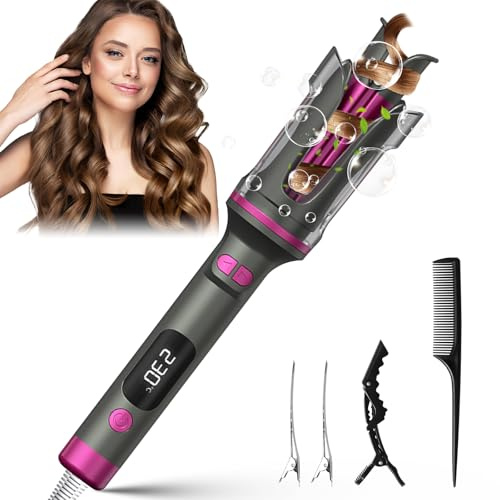 Anluomafuy Fer a Boucler Cheveux Automatique, Fer a Friser avec 6 Réglages de Température avec LCD Écran, Friseur Cheveux Femme, Boucleur Céramique pour Cheveux Longs/Courts (Violet)