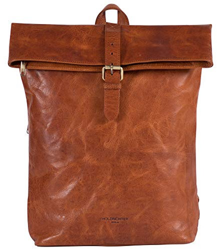 HOLZRICHTER Berlin - Rolltop Rucksack aus Leder für Damen & Herren (No 4-2), Daypack 38x27x11cm, Echtleder Laptop Rucksack, Cognac-Braun