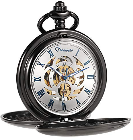 TREEWETO Mekanisk fickur för män vintage steampunk smidig dubbel fodral romerska siffror klocka för män kvinnor med kedjelåda