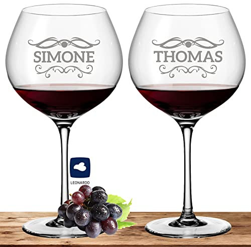 Deitert 2X Leonardo Burgunderglas Rotweinglas XL mit Namen oder Wunschtext graviert, 630ml, CIAO+, personalisiertes Premium Burgunderglas in Gastroqualität (Barock01)