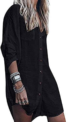 TBSCWYF Camicia Lunga Donna Vestito Colletto in Piedi Abito in Camicie Forti A Manica Elegante Tinta Unita Casual Copricostume Mare da Donna Stampato Bikini Cover Up