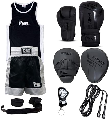 PSS Fighting Kit Uniform top and short 1025 Boxing gloves 1117 Focus pad rope wrap key ring Professional Training equipment 6-pcs BLACK set for Muay thai kickboxing MMA 6-OZ (1117 Black, 13-14 Year)