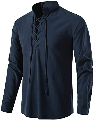 Camisa de Algodón con Cordones para Hombre Disfraz Medieval Vintage Escocés Jacobita Ghillie Kilt Camisas Piratas Tops, azul oscuro, XXL
