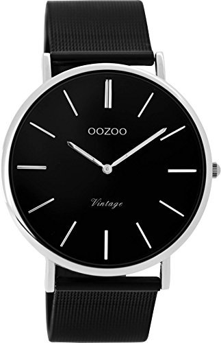 Oozoo Vintage Armbanduhr mit Edelstahl Milanaiseband 40 MM Schwarz/Silberfarben C8865