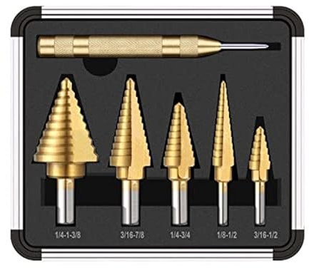 HSS Titanium Step Drill Bits with Automotive Center Punch, 50 Sizes High Speed Steel Step Bit Set for Sheet Metal with Aluminum Case (5PCS Step Drill + 1PC Center Punch)