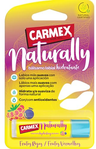 Carmex Bálsamo Labial, Naturally Frutos Rojos, 4,25g. Hidrata, suaviza y calma de forma natural.