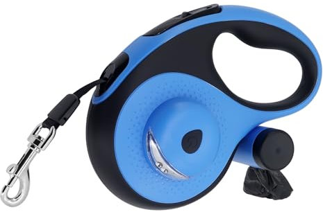 MoYouno 8 m lange einziehbare Hundeleine mit Kotbeutelhalterung, robuste Hundeleine für Haustiere, automatische ausziehbare Trainingsleine mit Reflektor, Blau