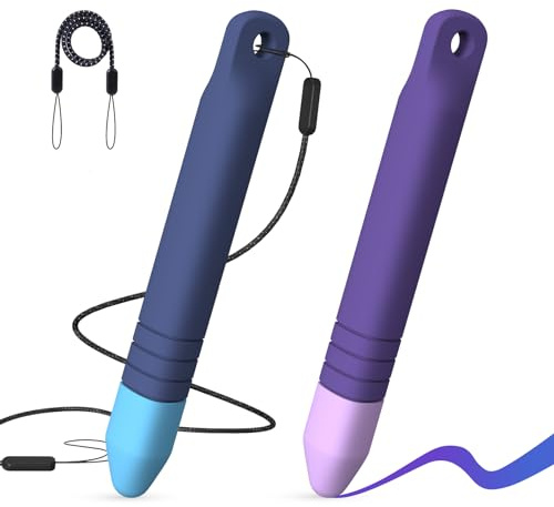 Kid-Friendly Stylus Pens for Touch Screens with Tethers - Mixoo Anti-Rolling Tablet Stylus 2 Pack for Kids, Compatible with iPad, iPhone, Tablets, Kindle and All Touch Screen Devices (Blue+Purple)