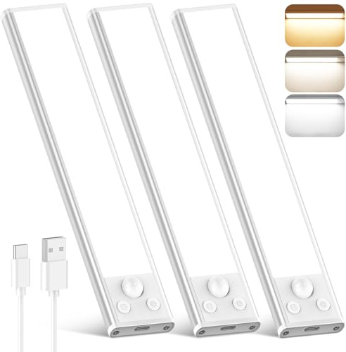 3-Pack Under Cabinet Lighting, 68LED 1800mAh Motion Sensor Lights Indoor, 3 Color Wireless Dimmable Rechargeable Battery Operated Closet Lights, Magnetic Under Counter Light Fixture for Kitchen Stair