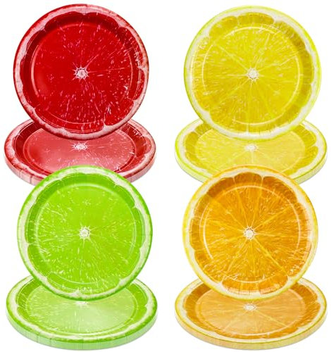 PTECDROTS 40 piatti di carta a fette di limone, piatti colorati da 22,9 cm, usa e getta, con agrumi, piatti da dessert per feste estive con frutta tropicale, decorazioni per feste