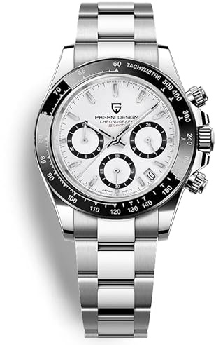Pagani Design PD1644 Men’s Quartz Chronograph Watch VK63 Movement, Sapphire Crystal, Rainbow Bezel, Stainless Steel, 100M Water Resistant Sports Wristwatch (PD-1644-white)
