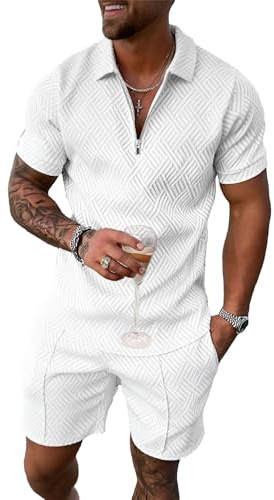 amropi Tuta Uomo Sportiva Maniche Corte Cerniera T-Shirt e Pantaloncini Estiva 2 Pezzi Set Completo Bianco, M