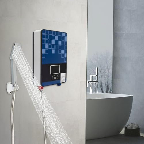 Mini scaldabagno elettrico, piccolo scaldabagno istantaneo, regolabile, piccolo, elettrico, istantaneo, per cucina, bagni, ristoranti, hotel, LED, 6500 W, 110 V, blu verticale