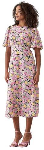 Dorothy Perkins Pink Floral Flutter Sleeve Shirred Waist Midi Dress, 10, Pink