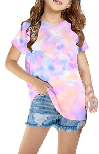 T-Shirts à Manches Courtes Fille Casual Loose Tee Tops Enfant Vêtements Col Rond Confortable Tshirt Hauts D'Été Mode Shirt Graphique Chemisiers Athlétique Camis Classique Uni Débardeurs Violet, 11 Ans
