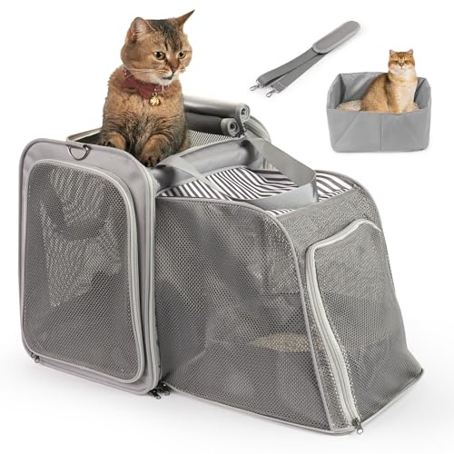 Expandable Cat Carrier with Portable Litter Box, Soft-Sided Pet Travel Carrier for Large Cats up to 20 lbs, Foldable Car Seat Crate for Long Distance Road Trips, Light Gray
