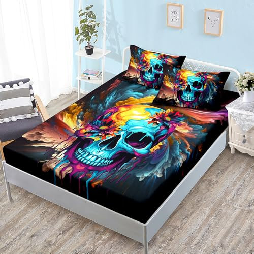 Spannbettlaken 180x200cm Schädel Blau Lila Betttuch Bettlaken 180x200 Polyester Spannbetttuch Bettbezug 180 x 200 Atmungsaktiv Bed Linen Knitterfrei Bettbezug 30cm Tiefe Matratzenbezug