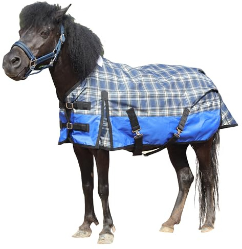 Gallopoff 600D Regendecke für Shetty & Fohlen, Wasserdicht, Winddicht, Atmungsaktiv, Reißfest, Ohne Füllung (0 g) Ponydecke Blau kariert 85 cm