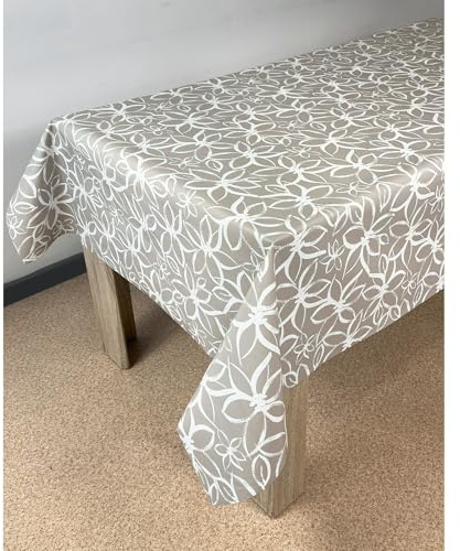 DecoMeister Mantel Antimanchas 140x350 cm - Hule Impermeable para Mesa de Comedor y Jardín - Apto para Alimentos - Protector de Mesa Rectangular - Ideal para Cocina y Exterior - Flor Beige