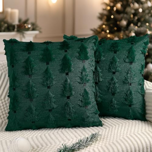 Miaikoe Christmas Cushion Covers 45x45 cm Set of 2 Soft Plush Faux Fur Christmas Tree Throw Pillow Cases for Winter Holiday Xmas Decorations Green