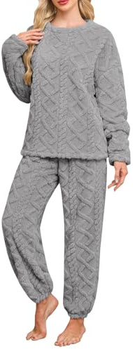 UMIPUBO Pigiama Donna Invernale Set Caldo Pile Pigiami Due Pezzi Morbido Manica Lunga Pantalone Lungo Abbigliamento da Casa Indumenti da Notte Lounge Sleepwear con Due Tasche (Grigio, M)