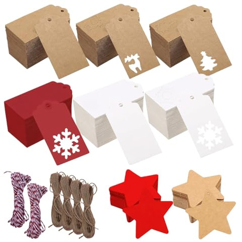 Lot de 400 étiquettes cadeaux de Noël, étiquettes de Noël, étiquettes cadeaux à étiqueter, étiquettes nominatives de Noël, papier de 70 m de ficelle blanche, rouge, marron, pour fabrication à la main
