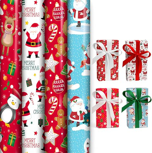4 x 7m Cute Christmas Wrapping Paper Rolls (Total 28m) Premium Kraft Gift Wrap for Xmas, Birthday, Wedding, Holiday Party & Festive Decoration - Gift Wrapping Paper for All Occasions - AXXTAN
