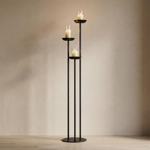 Remerry 3 Candle Black Metal Pillar Floor Candle Holder 42 36 30 Tall Vintage Candlestick Holders Floor Candelabra Fireplace Pillar Formal Events Wedding Church Holiday Fireplace Decor(No Candles)