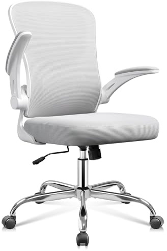 DEVAISE Sedia da Ufficio Ergonomica: con Supporto Lombare Regolabile e Braccioli Ribaltabili, Schienale Inclinabile e Altezza Regolabile,Sedia di Rete con Ruote 360° Girevoli, per Home Office, Bianco