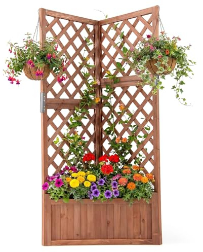 COSTWAY Jardinera con Enrejado para Trepar, Cama de Jardín Elevada de Esquina con Agujeros Drenaje para Plantas Trepadoras, Flores, Verduras y Hierbas, Caja de Cultivo de Pie, 55x55x140 cm (Marrón)