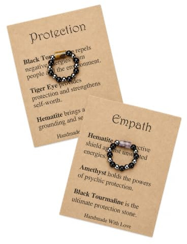 DVDVBOOM Crystal Rings, Spiritual Protection Ring with Card, Natural Gem Stone Adjustable Stretch Finger Gemstone Lucky Jewelry Gifts for Birthday Women