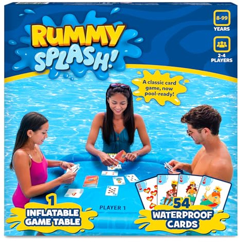 Gouda Games Pool Rummy Splash – Floating Pool Game Table (28” x 28”), Waterproof Cards, Inflatable Pool Toy for Kids & Adults, Family Pool Party Game for Ages 8, 9, 10, 11 and Up, 2-4 Players