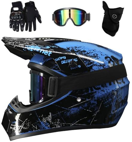 Doppio Sport MTB Casco da Motocross Impostato, Con Occhiali Guanti Maschera, Integrale Fuoristrada ATV Moto Casco, Enduro Discesa MX Quad Bicicletta Sporca Incidente Caschi(Blue,S/52-53CM)