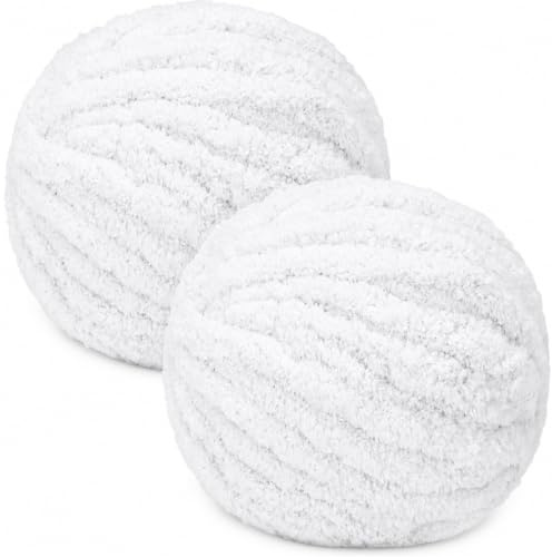 Bafeil XXL Chunky Chenille Yarn White, 2 x 250g Soft Fluffy Tube Yarn | White Wool for Hand Knitting, Crocheting & Arm Knitting, Thick Wool Yarn for Blankets, Scarves, Cushions & DIY Crafts