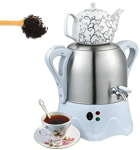 Elektrisk turkisk tebryggare 2000 W, 3L rostfritt stål Samovar med 1L keramisk tekanna och varmhållningsfunktion, automatisk avstängning för hemmabruk, presentidé vit