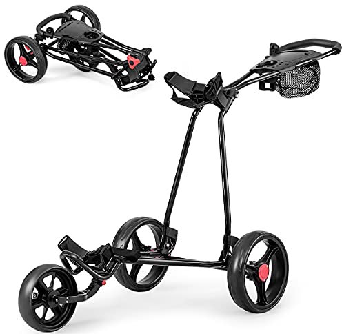 GOPLUS Golf Trolley, Golfwagen klappbar mit 3 Rad & verstellbarem Handgriff, Golf Cart leicht mit Hinterradbremse, Golf Caddy inkl.Trinkflaschenhalter, Schirmhalter & Netztasche, Schwarz