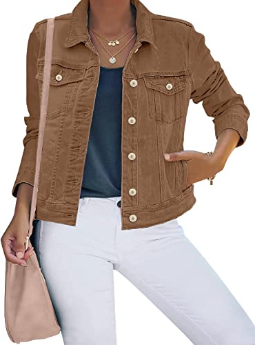 Roskiky - Chaquetas vaqueras para mujer, chaqueta de camionero elástica de manga larga con bolsillo, marrón, M