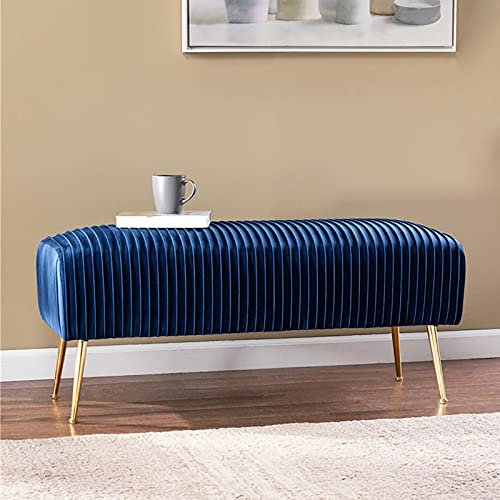 Luxuriöse Schlafzimmerbank, Bettbank aus Samt mit goldenen Beinen, Bequeme Polsterbank, Ottomane, Eingangsbank, Bettbank, blau (99 x 45,7 x 45,7 cm)