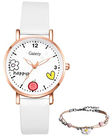 JewelryWe 2pcs Damenuhr Armband Schmuck Set Damen Kinder Analog Quarz Uhr mit Blume Erdbeere und Herz Leder Armbanduhr verstellbar Perlen Kugel Armreif für Frauen Mädchen Weiß