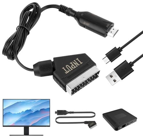 UKOFEW All in One SCART zu HDMI Konverter, SCART zu HDMI Kabel, Scart auf HDMI Konverter, HD 1080P Video Audio Adapter mit SCART-Eingangskabel & HDMI-Ausgangsanschluss für DVD, Monitor, TV, Projektor