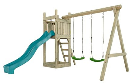 Outgarden Spielturm Klettergerüst Skinny aus KDI-Holz | Spielhaus mit türkiser Rutsche & Sitzen | mit Sandkasten & Leiter | Outdoor Stelzenhaus für Kinder und Garten | 315 x 327 x 220 cm