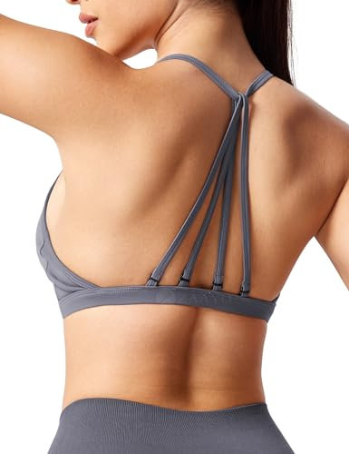 ZAAYO Sport BH Damen Ohne Bügel Starker Halt Rückenfrei Push Up BH Padded Bandeau Criss-Cross Straps Adjustable Bra Fuer Yoga Fitness Training Sport Top Blau Grau M
