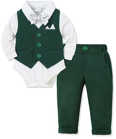 Amissz Costume Neonato Bambino, Bimbo Completo Abiti da Battesimo Matrimonio Maniche Lunghe Camicia Body + Gilet e Pantaloni Verde 18-24 mesi