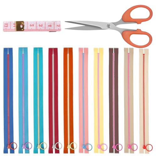 Glarks 12PCS 35cm/13.77in nylon resina cerniera con anello di sollevamento, 10 colori bobina cerniera con anello in lega di zinco e forbici, cordino morbido misura Kit