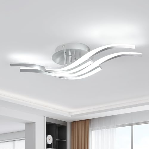 Dorlink Modern Led Ceiling Light,4 Built-in Wave Led Boards Design Ceiling Lamps,32W 6500k Neutral Light Chandelier,60cm Silver Ceiling Lighting for Living Room Bedroom Kitchen Hallway Office