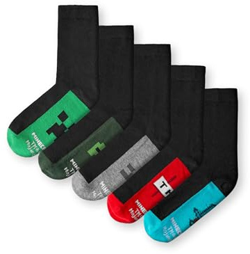 Minecraft Lot de 5 Paires de Chaussettes pour Garçons | Chaussettes Montantes avec Creeper, Épée en Diamant et TNT en Noir pour la Rentrée Scolaire | Lot de 5 Chaussettes pour Enfants Gamers