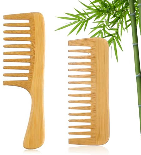Bamboo Wide Tooth Comb for Curls, 2 Pack Wooden Comb for Hair Bamboo Comb Handmade Wooden Hair Comb Anti-Static Large Tooth Comb Detangler Comb for Women Curly Wavy Thick Hair