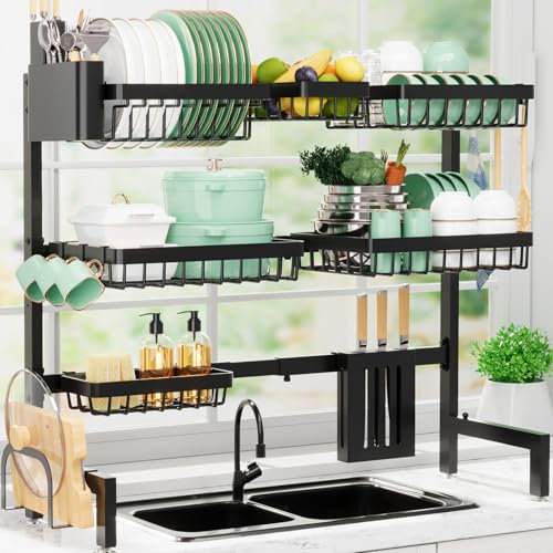 Sakugi Dish Drying Rack - Over The Sink Dish Drainer Drying Rack with Utensil & Knife Holder, Hooks, Stainless Steel Kitchen Organizers and Storage Solution, 11.8 D x 31.5~39.0''W x 30 H, Black