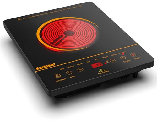 Karinear Piano Cottura in Vetroceramica 1 Piastre, 2000W Piastra Portatile 1 Fuochi, Piani Cottura Singolo Controllo Tattile con 9 Livelli di Potenza e Temperatura, Blocco di Sicurezza, Timer, Oro