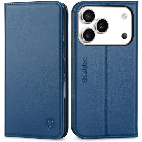 SHIELDON Real Leather Case Walllet for iPhone 17 Pro 6.3-inch 2025 | Foldable Magnetic Closure | RFID Blocking Credit Card Holder | Kickstand | Shockproof Protective Cover | Royal Blue
